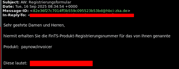 An email client screenshot. It's a reply to some form. It contains a number for the paynow/invoicer product.