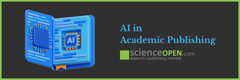 A blue 3D illustration of an open book with an AI chip inside appears next to the text "AI in Academic Publishing" and the ScienceOpen logo on a dark-grey background bordered in green.