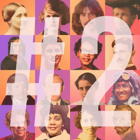 Ein in Gelb- und Lila-Tönen gehaltenes Kachelmosaik von sechzehn historischen Persönlichkeiten, deren Gesichter die meisten nicht kennen, weil sie alle im unmittelbaren Schatten von jemand anderem standen. Darüber als Text "#2".