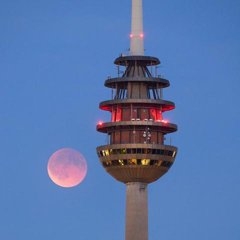 Großaufnahme der Kuppel des Nürnberger Fernmeldeturms während der totalen Mondfinsternis im letzten Abendlicht. Neben der Kuppel leuchtet vor unbewölktem Himmel gedämpft der rötliche Vollmond.