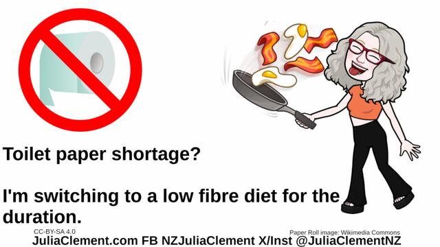 A "No" symbol covers a roll of toilet paper. Julia is eating bacon and eggs straight from the pan. Text: Toilet paper shortage? I'm switching to a low fibre diet for the duration.