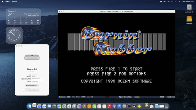 Escritorio de un ordenador Mac Mini M1 con macOS 26 Tahoe, ejecutando el videojuego Burnin' Rubber de Ocean, 1990 para Amstrad Plus y GX4000, bajo el emulador ACE-DL.