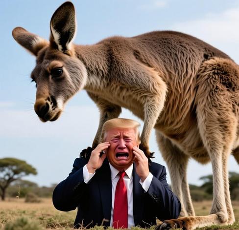 Trump crying and being stood over by a giant kangaroo.
