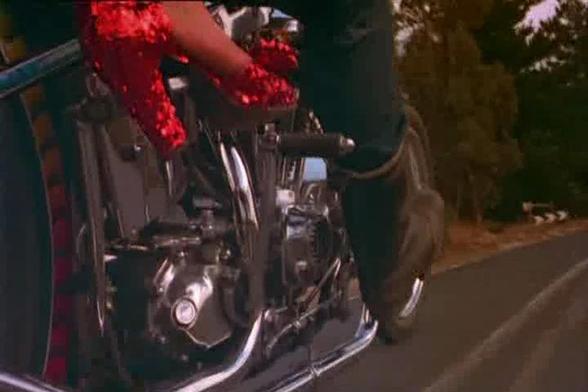 Closeup of the legs of two motorcycle riders. One is wearing boots, the other glittery red high-heeled shoes.