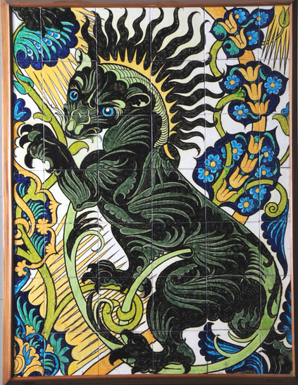 “This tile panel was designed by William De Morgan, the leading ceramicist of the Arts and Crafts movement. The panel is made up of 42 tiles and depicts a rearing lion painted in bold enamel colours. The lion is highly stylised with a large clawed paws and a sun-ray mane. The design demonstrates De Morgan’s admiration for Iranian and Ottoman Iznik tiles. The panel (and another see C6) was donated by H.C.Mossop, who’s sister Nellie Mossop painted tiles and other ceramics for De Morgan in the early years, when he was working at Orange House in Cheyne Walk. This tile panel was made after that period, at Sands End, Fulham, when De Morgan was in partnership with the architect Halsey Ricardo. An identical panel, with the design reversed and in different colours is also in the Gallery’s collection (see C6).”