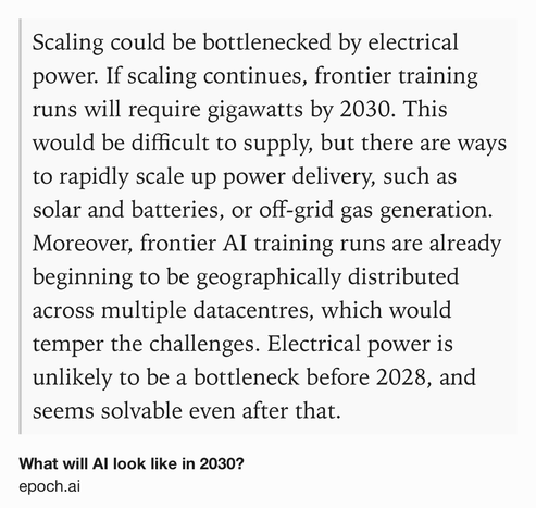 Text Shot: Scaling could be bottlenecked by electrical power. If scaling continues, frontier training runs will require gigawatts by 2030. This would be difficult to supply, but there are ways to rapidly scale up power delivery, such as solar and batteries, or off-grid gas generation. Moreover, frontier AI training runs are already beginning to be geographically distributed across multiple datacentres, which would temper the challenges. Electrical power is unlikely to be a bottleneck before 2028, and seems solvable even after that.