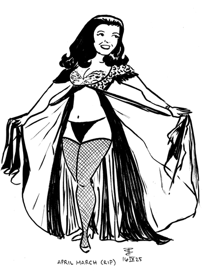 Black and white pen and ink drawing of burlesque dancer April March