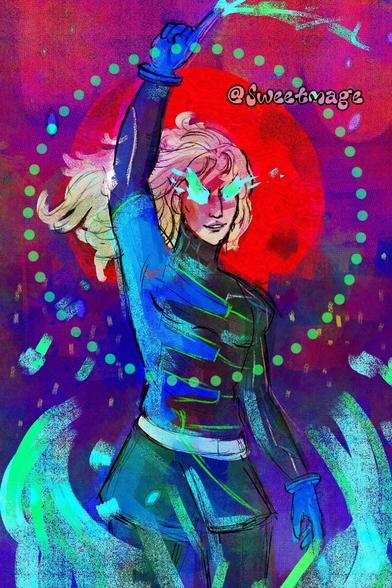 A textured, colorful drawing of Yuri Petrov from Tiger and Bunny in his blue, black, and green suit and his hair down and flowing. There is blue fire in the foreground, a red moon in the background, and blue fire coming out of his eyes