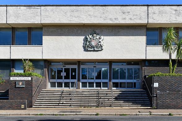 Photo of the entrance of Hove Trial Centre. Built in 1971–72 to a modernist design by Fitzroy Robinson & Partners. Lansdowne Road, City of Brighton & Hove, UK.