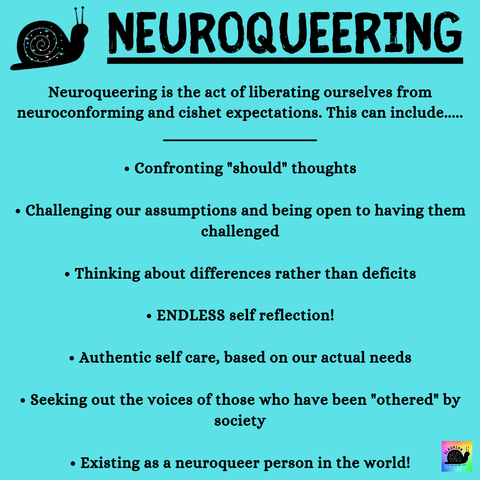 A turquoise background with black writing that says:
NEUROQUEERING 
Neuroqueering is the act of liberating ourselves from neuroconforming and cishet expectations. This can include..... 
• Confronting "should" thoughts 
• Challenging our assumptions and being open to having them challenged 
• Thinking about differences rather than deficits 
• ENDLESS self reflection! 
• Authentic self care, based on our actual needs 
• Seeking out the voices of those who have been "othered" by society 
• Existing as a neuroqueer person in the world!
