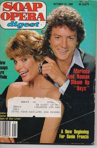 Glossy cover of Soap Opera Digest, dated October 12, 1982, priced at 95 cents. Posed studio shot of Marlena Evans (Deidre Hall) and Roman Brady (Wayne Northrop) smiling closely together. Marlena wears a black off‑the‑shoulder dress with short, styled hair; Roman wears a suit jacket over a white shirt, with curly hair. Cover lines include: “Marlena And Roman Steam Up ‘Days’”, “How Soaps Are Made”, and “A New Beginning For Genie Francis”. Mailing label at the bottom centre.