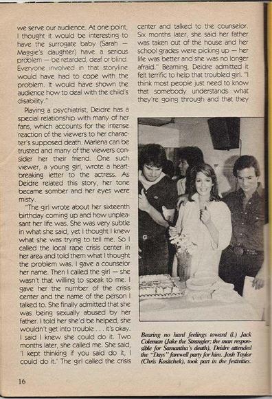 - Deidre Hall profile — compassion, community, and celebration
- Photo: Black‑and‑white party scene; Deidre Hall cuts a large sheet cake while colleagues smile beside her (Jack Coleman at left; Josh Taylor at right).
- Context: Feature text frames Deidre as a psychiatrist on screen with a special bond to patients and, off screen, as someone who responds to fans with empathy.
- Article focus: Deidre’s relationships with viewers, including a moving account of a young fan’s letter and Deidre helping connect her to resources; themes of dignity, friendship, and real‑life impact.