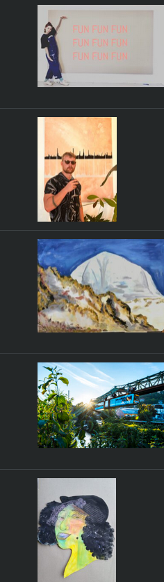 Ausschnitt aus dem Programm mit Vorschaubilder einiger Kunstwerke.

A collage of five images. The first image shows a person gesturing to a large white board with pink text that says, "FUN FUN FUN" repeated three times. The second image shows a man in sunglasses holding a drink, standing in front of a painting of a cityscape. The third image is a painting of a white igloo-like structure in a mountainous landscape under a dark blue sky. The fourth image is a sunny outdoor photo of green foliage with the Schwebebahn. The fifth image is a vibrant watercolor and ink portrait of a woman with curly black hair and a hat, cut out and laid on a gray surface.