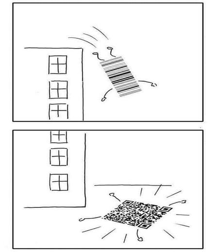 A two-panel comic shows a cartoon barcode character jumping off a building in the first panel. In the second panel, the barcode transforms into a QR code, surrounded by beams of light.