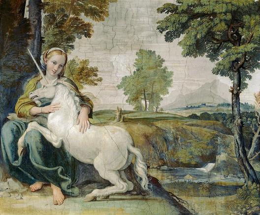 Domenichino, “Virgin and Unicorn,” fresco, c. 1602. The woman depicted is, ironically, Giulia Farnese (1474–1524), mistress to Pope Alexander IV (and sister of Pope Paul III); fresco of a woman sitting in a verdant setting with a white unicorn climbing onto her lap