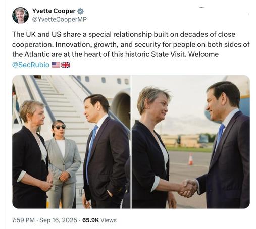 Tweet by Yvette Cooper MP, timestamped 7:59 PM · Sep 16, 2025:

"The UK and US share a special relationship built on decades of close cooperation. Innovation, growth, and security for people on both sides of the Atlantic are at the heart of this historic State Visit. Welcome @SecRubio"