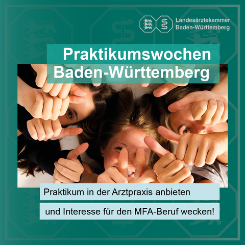 Junge Menschen im Kreis geben "Daumen hoch", der Post wirbt für die Praktikumswochen Baden-Württemberg, in deren Rahmen Schüler ein Tagespraktikum in einer Arztpraxis machen können.