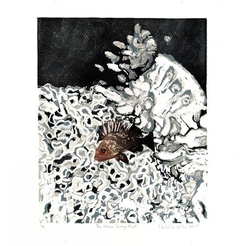 As described, my 11" x 14" limited edition linocut print is made on watercolour paper and illustrates different glass sponges and a rock fish at the seafloor. The edition is limited to 8 prints. Against the dark blackness of the deep sea one large sponge looks like a quarter circle of round ruffles in white, pale grey, dark grey and black. The other sponge looms above, in the same colours but more tree-like in shape with fat bulbous branches. The spiky brown and black rockfish is small in comparison and in the foreground.