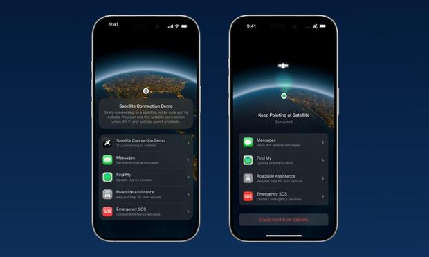Two iPhones displaying Apple’s satellite connectivity interface, with options for Messages, Find My, Roadside Assistance, and Emergency SOS, showing a demo connection screen on the left and an active satellite connection screen on the right against a dark Earth-from-space background.