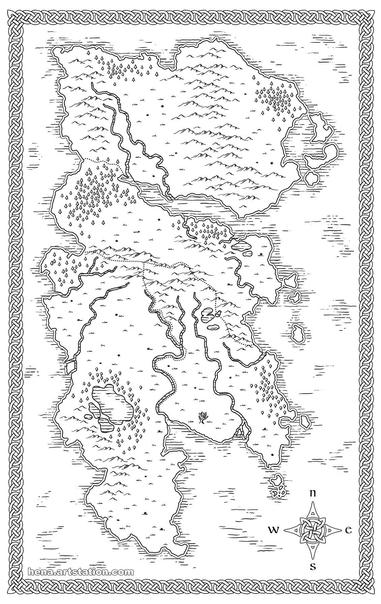 Old-style fantasy map illustration of a fictional world in black and white line art