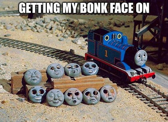 Thomas the tank engine model and a collection of
alternative faces used to animated thomas' face in stop motion

text reads:
Getting My Bonk Face On