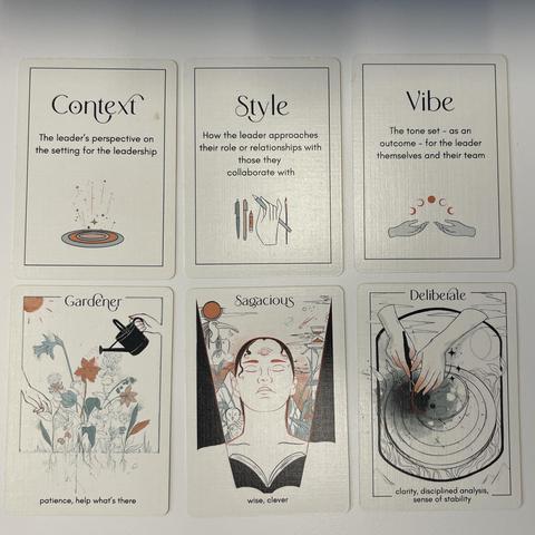 Six cards are shown from the Leadership Tarot deck. The text on the six cards is as follows in order from top left to bottom right. 
Context - the leader’s perspective on the setting for the leadership 
Style - How the leader approaches their role or relationships with those they collaborate with 
Vibe - The tone set - as an outcome - for the leadership themselves and their team
Gardener - patience, help what’s there
Sagacious - wise, clever
Deliberate - clarity, disciplined analysis, sense of stability