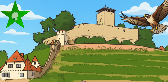 AI kreita desegno  de la kastelo Beilstein kun falko kaj esperanta stelo sur bazo de foto