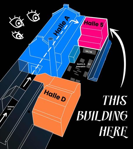 Picture of a map of the halls. Hall 5 is located at the end to the right and has an entrance through Hall A.
