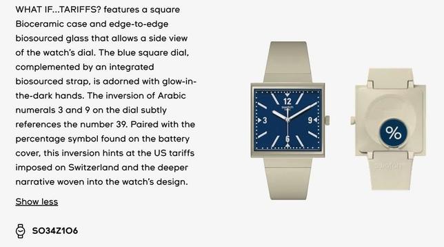 a square-faced swatch wristwatch with a blue dial and silver-colored case and strap. the dial features white glow-in-the-dark hands and indices, with inverted arabic numerals 3 and 9, and a 12 at the top. the watch’s strap is a smooth integrated design in a matte finish. the back of the watch displays a bold white percentage symbol (%) set inside a blue circle on the battery cover.