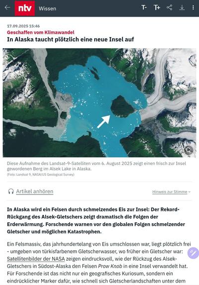 NTV, in Alaska wird ein Felsen durch schmelzendes Eis zur Insel der rekordrückgang des alsek Gletschers zeigt dramatisch die Folgen der erdaufwärmung forschende warnen vor den globalen Folgen Schmelzen der Gletscher unmöglichen Katastrophen