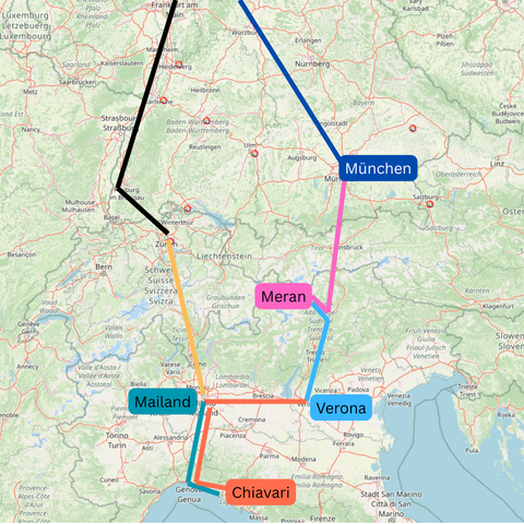 Landkarte von Österreich und Norditalien. In verschiedenen Farben sind die Stationen der Reise (München, Meran, Verona, Chiavari, Mailand) darauf eingetragen, dazwischen in verschiedenen Farben Verbindungsstriche. Karte von OpenStreetMaps.