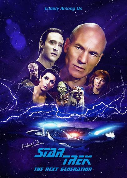 A poster for Star Trek The Next Generation episode Lonely Among Us, featuring the faces of Picard, Data, Troi, and Dr Crusher, and 2 sweet-looking prosthetic alien masks set against a starry background with 80s style electrical bolts racing beneath them through space, and above the Enterprise.