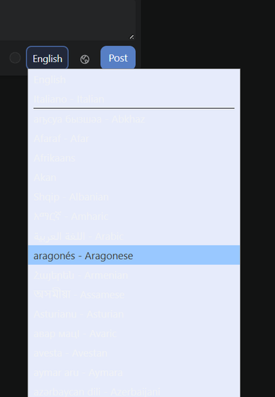 phanpy dropdown menu for language choice in composer has wrong colors in black theme.