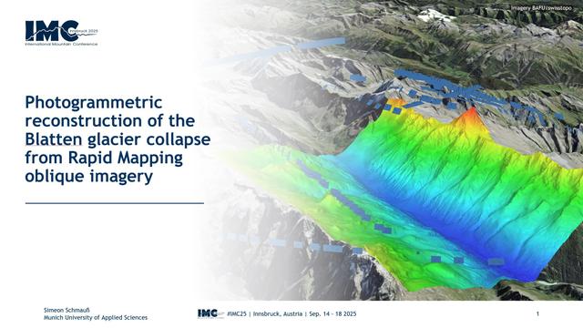 A Powerpoint title slide reading: "Photogrammetric reconstruction of the Blatten glacier collapse from Rapid Mapping oblique imagery"

Next to it is a 3D rendering of the Swiss Alps with my 3D reconstruction of the glacier collapse near Blatten overlayed. It has a rainbow colorization showing the elevation of the terrain.
A Powerpoint title slide reading: "Photogrammetric reconstruction of the Blatten glacier collapse from Rapid Mapping oblique imagery"

Next to it is a 3D rendering of the Swiss Alps with my 3D reconstruction of the glacier collapse near Blatten overlayed. It has a rainbow colorization showing the elevation of the terrain.