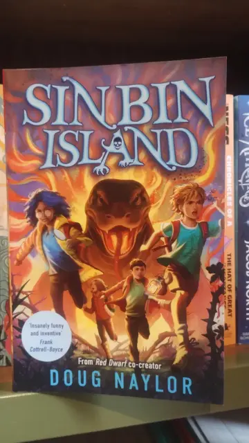 Cover for children's fantasy-humour novel Sin Bin Island, by Doug Naylor, showing children running towards the viewer with a giant serpent reading up behind them