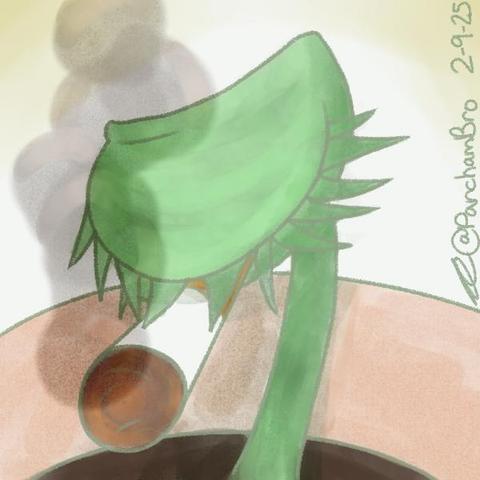 A headshot of a venus fly trap smoking a cigarette