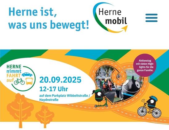 Sharepic mit "Herne ist, was uns bewegt!", "Herne mobil" und Hinweis auf den Aktionstag "Herne nimmt Fahrt auf" am 20.09.2025 von 12 bis 17 Uhr auf dem Parkplatz Wibbeltstrasse/Haydnstrasse.