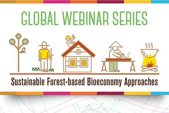 You see a sketched five part logo of forest based bioeconomy products with the growing tree giving space for birds, a farm worker, a timber roofed house, a timer worker and a fireplace for cooking.