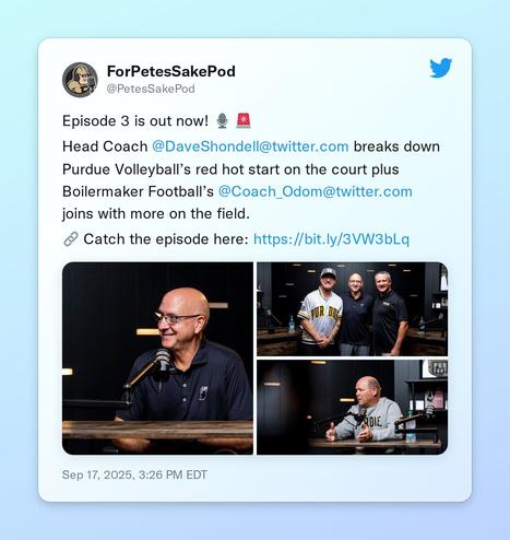 Episode 3 is out now! 🎙️ 🚨

Head Coach @DaveShondell breaks down Purdue Volleyball’s red hot start on the court plus Boilermaker Football’s @Coach_Odom joins with more on the field.

🔗 Catch the episode here: https://t.co/ehlzmfbHwf https://t.co/hw7vPW3g8d