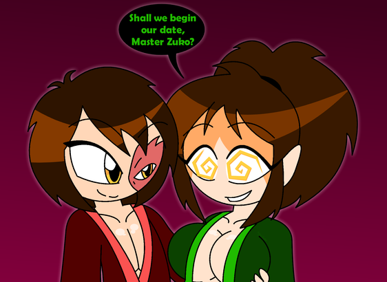 An aged up Zuko with a hypnotized Jin, who is saying "Shall we begin our date, Master Zuko?"