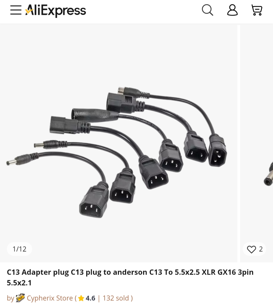 An AliExpress listing for "C13 Adapter plug C13 plug to anderson C13 To 5.5x2.5 XLR GX16 3pin 5.5x2.1"