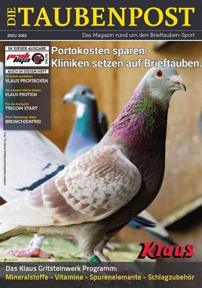 Umschlagsseite einer Zeitschrift für brieftaubenhalter, dazu spruch: müssen Porto sparen, Kliniken setzen auf Brieftauben.