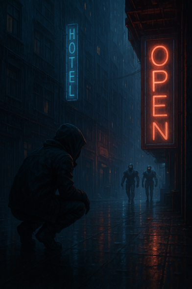 A cyberpunk alley at night glows with neon signs in red and blue. Rain falls, leaving the pavement slick and reflective. In the foreground, a hooded figure crouches in the shadows, watching two humanoid robots patrol down the alley toward a bright “OPEN” sign. The mood is tense, dark, and atmospheric.