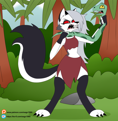Loona from Helluva Boss in the middle of the jungle, wearing a jungle girl outfit fighting a snake