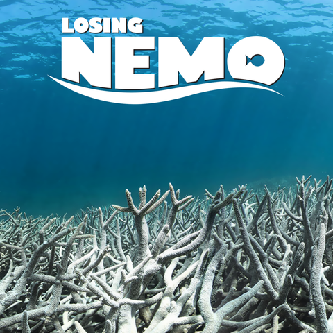 A parody of the poster for the animated film "Finding Nemo". Here, the title is "Losing Nemo" and the illustration is a photo of coral killed by bleaching.