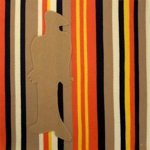 Happiness. A tan abstracted humanoid shadow figure stands against a background comprised of orange, brown, tan, yellow, cream vertical stripes.