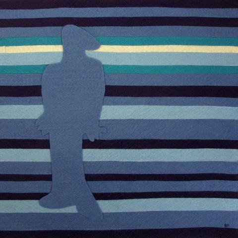 Depression. A blue abstracted humanoid shadow figure stands against a background comprised of deep blue, sky, navy, blue, teal, cream horizontal stripes.