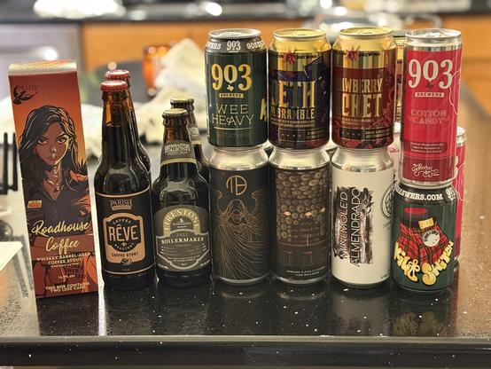 A collection of beer cans and bottles - almost all Stouts!