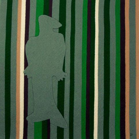 Contentment. A green abstracted humanoid shadow figure stands against a background comprised of moss, forest, deep green, brown, tan, cream vertical stripes.