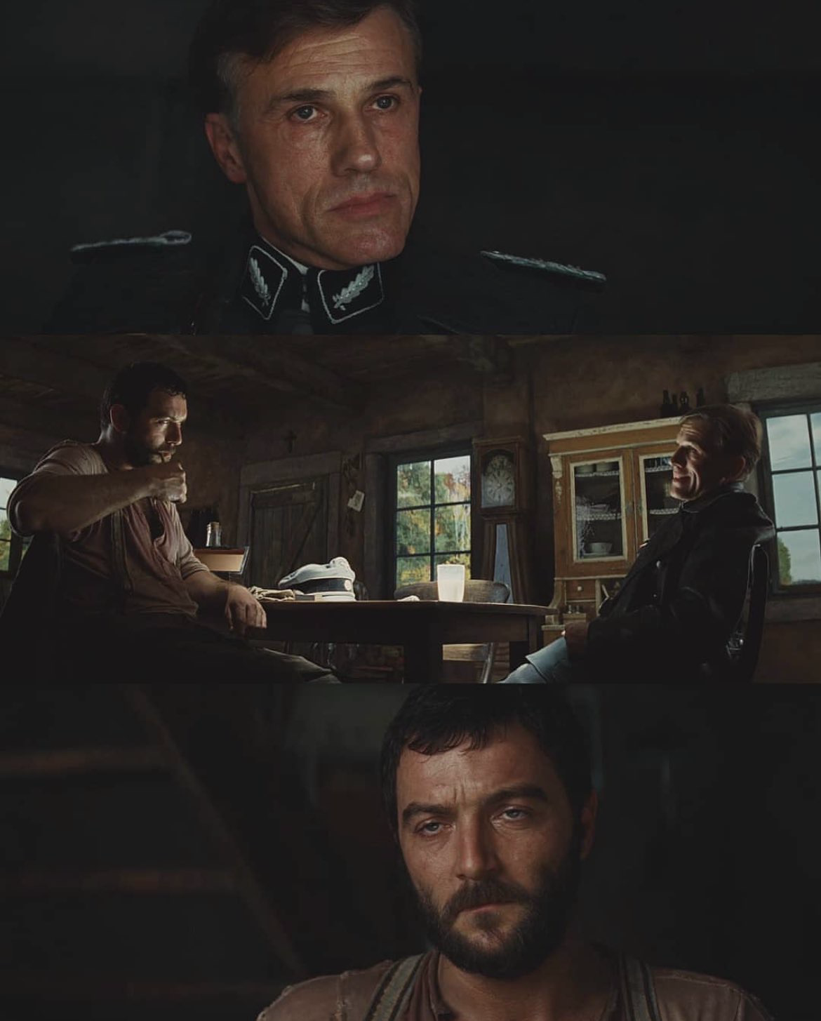 Screenshots of the “you are sheltering enemies of the state” scene from Inglorious Basterds